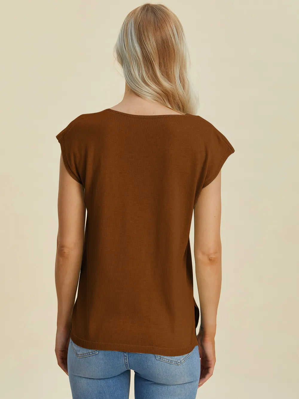 Double Take Full Size Notched Cap Sleeve Knit Top 