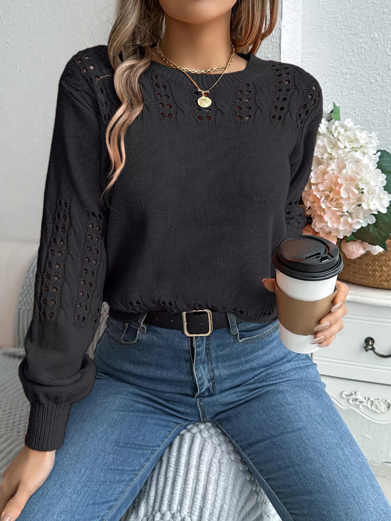 Hollow Out Eyelet Long Sleeve Sweater 
