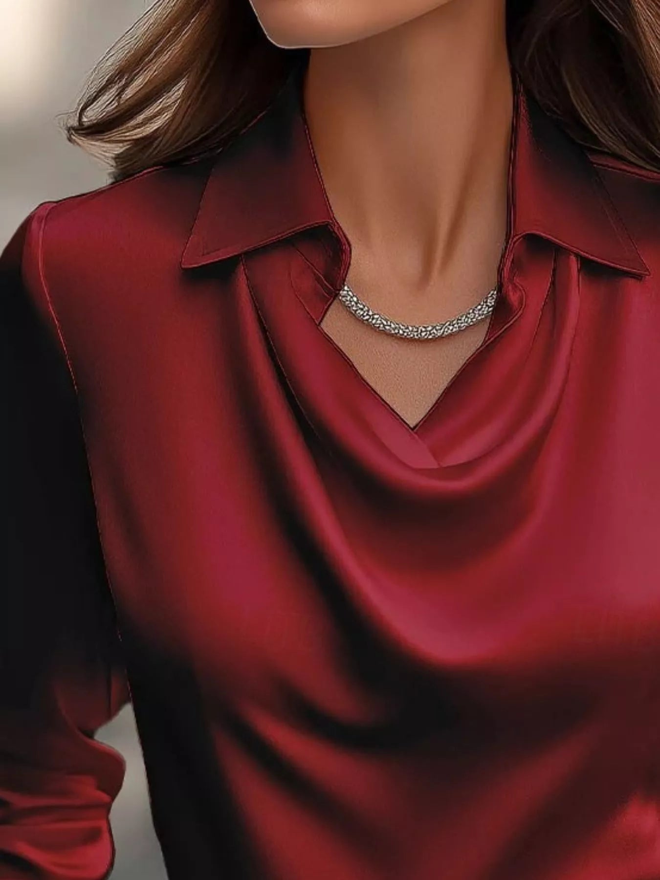 Ruched Long Sleeve Drape Collar Blouse 