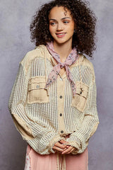 POL Texture Woven Button Down Hooded Shirt with Drawstring Hem 