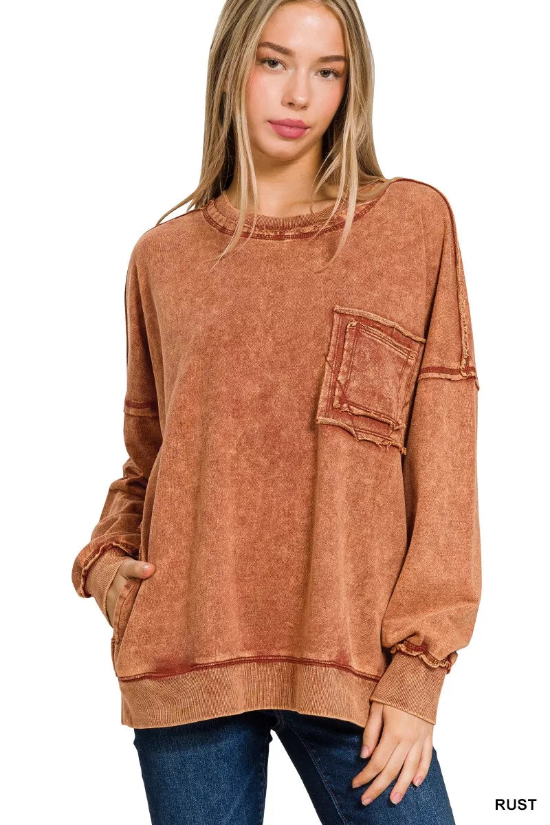 Zenana Acid Wash Raw Edge French Terry Sweatshirt with Front Pocket 