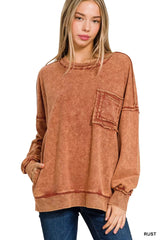Zenana Acid Wash Raw Edge French Terry Sweatshirt with Front Pocket 