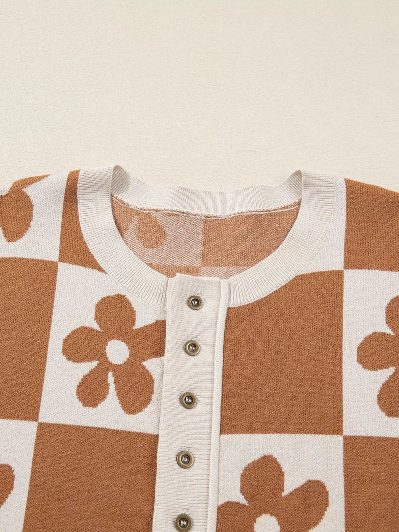 Flower Plaid Henley Baggy Sweater 