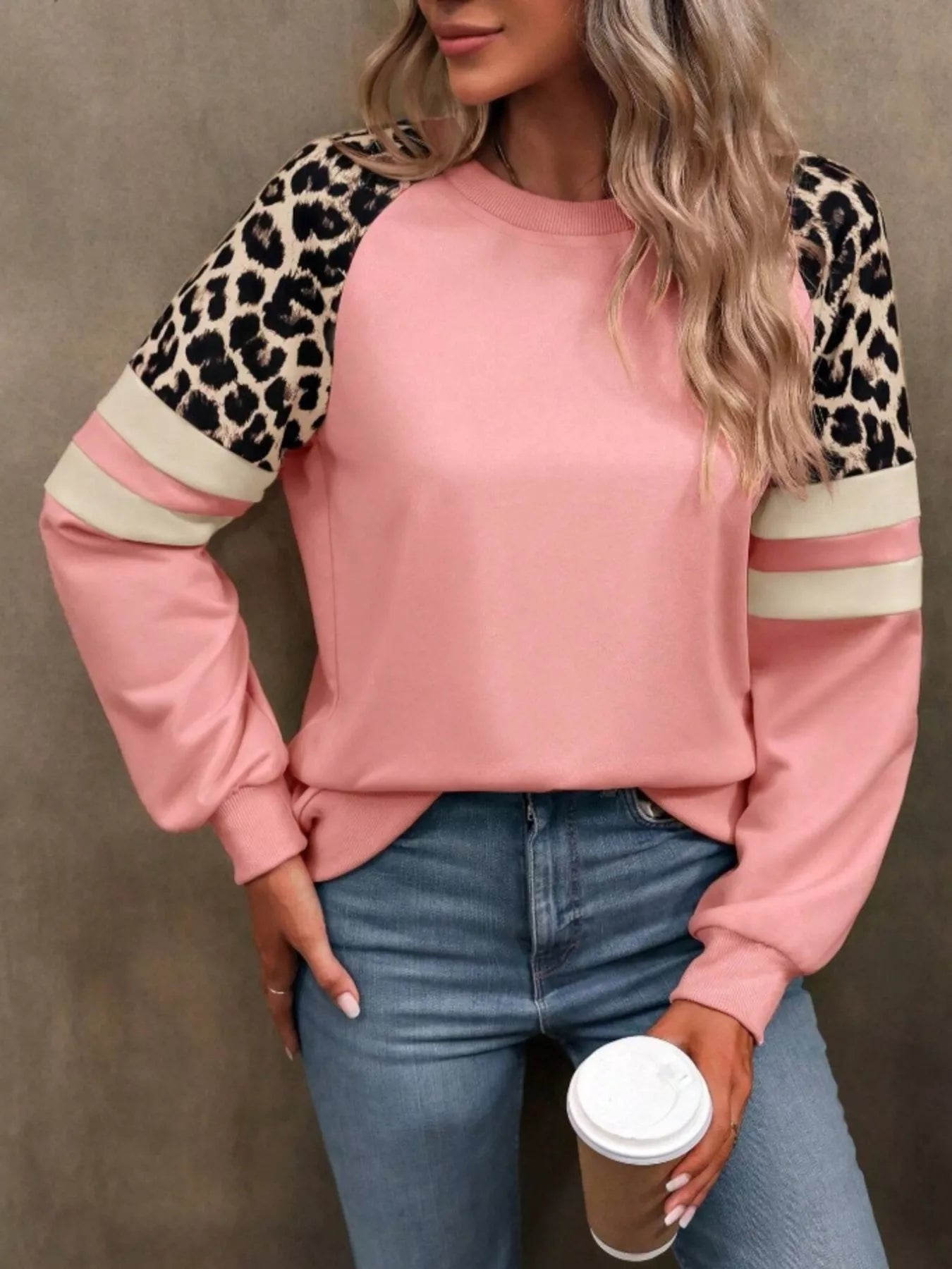 Leopard Round Neck Raglan Sleeve Sweatshirt 