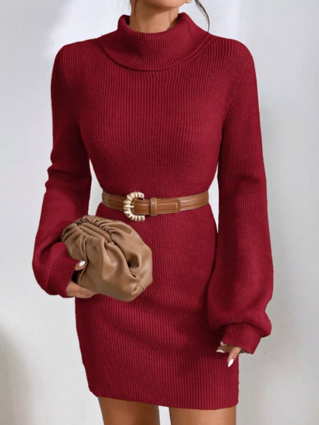 Turtleneck Ribbed Knit Sweater Dress 