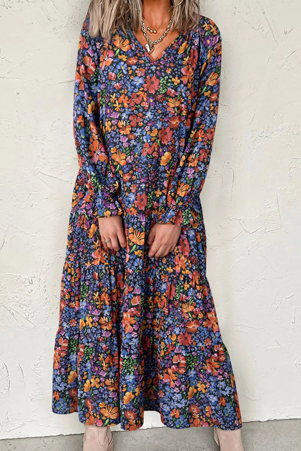 Floral Notched Flounce Sleeve Maxi Dress 