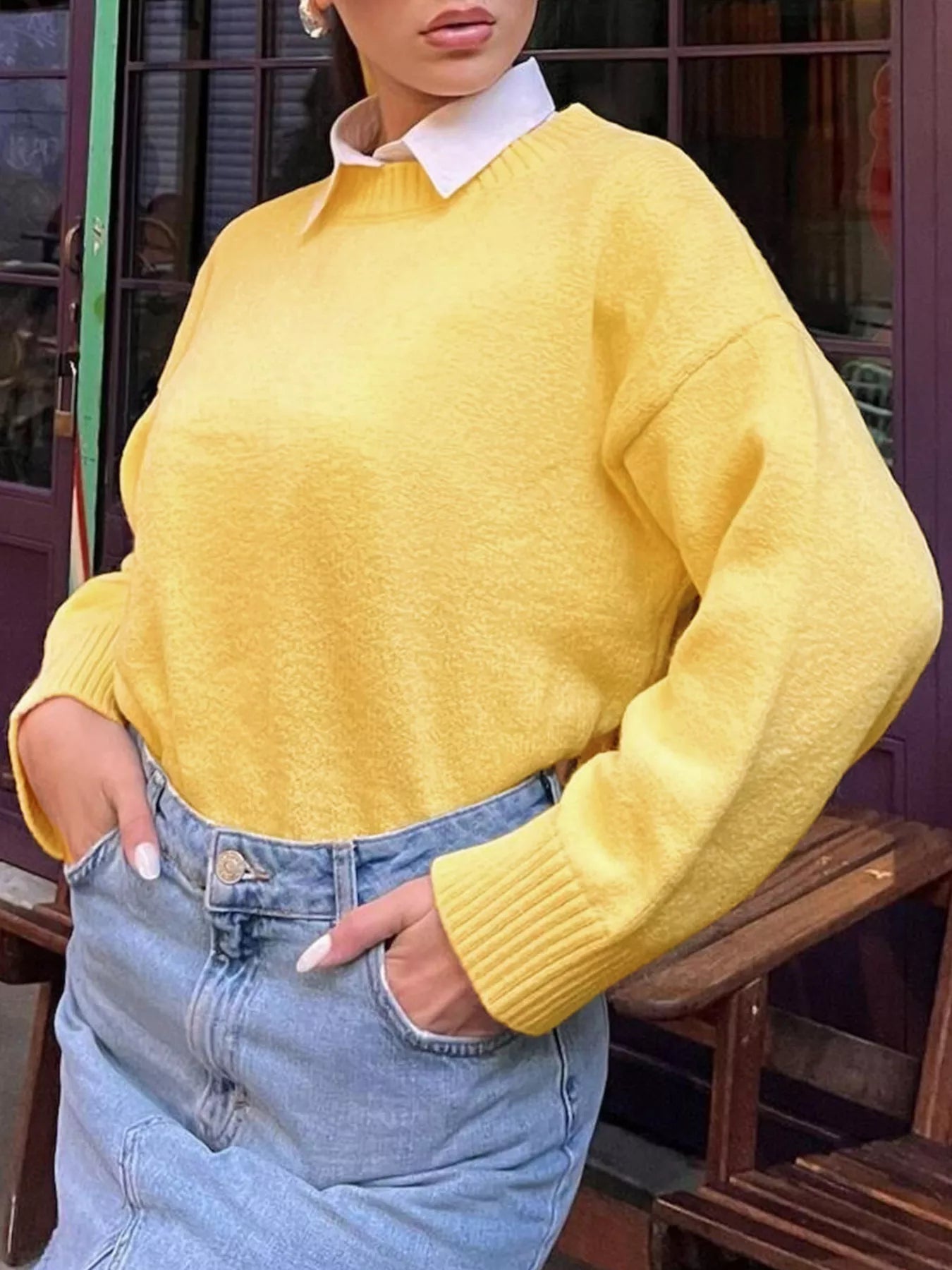 Ribbed Round Neck Dropped Shoulder Sweater 
