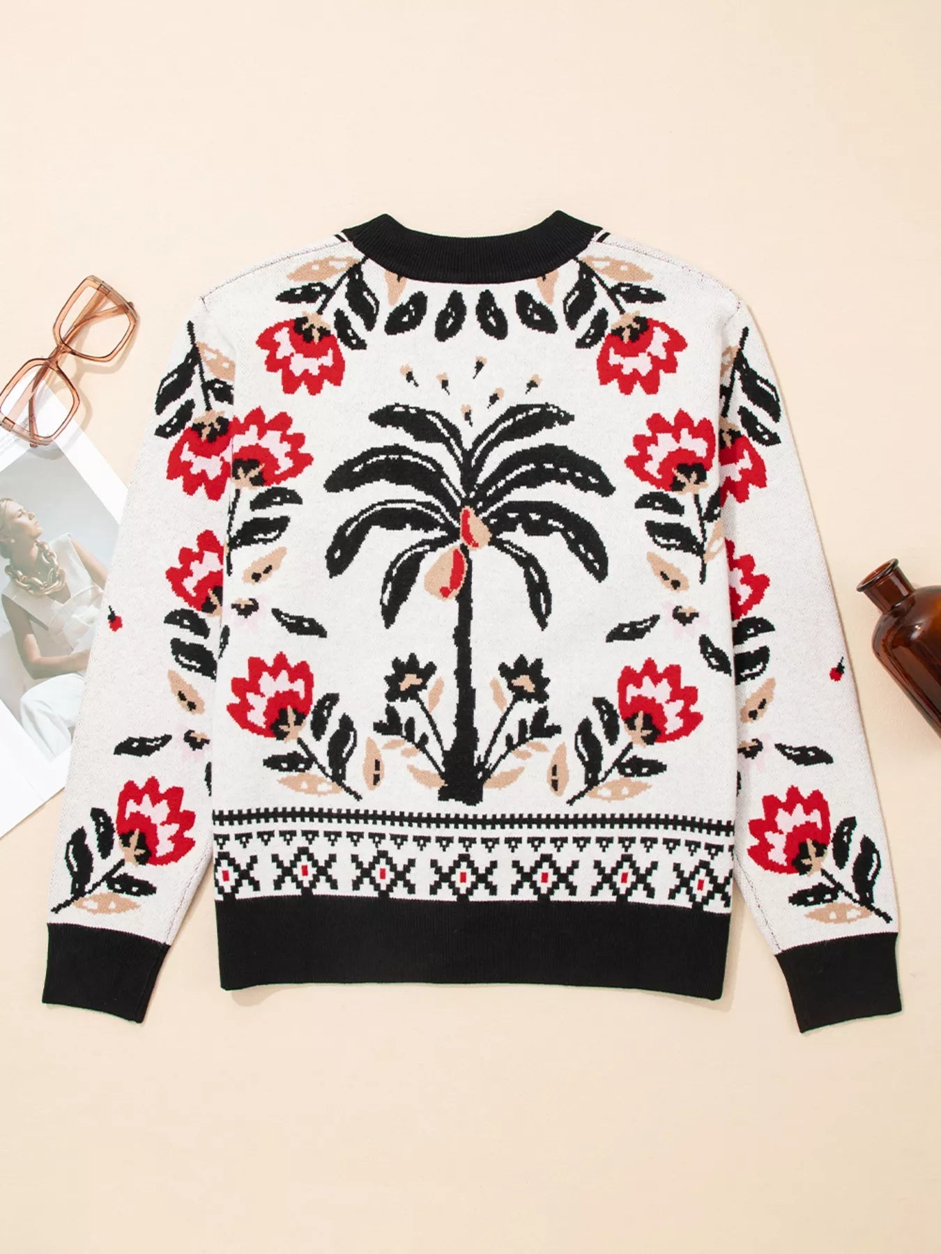 Floral Button Down Cardigan with Geometric Border 