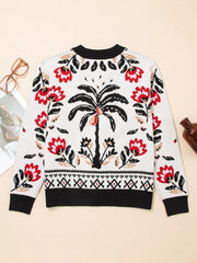 Floral Button Down Cardigan with Geometric Border 