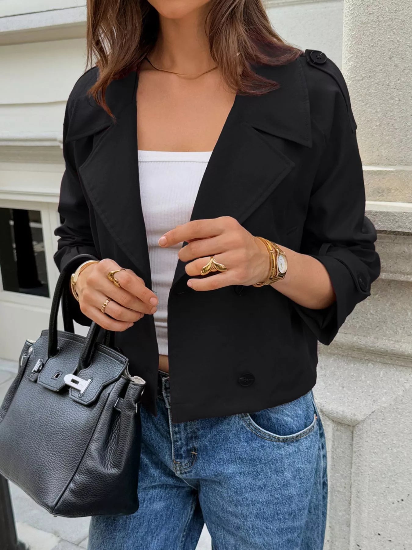 Cropped Double-Breasted Raglan Sleeve Jacket 