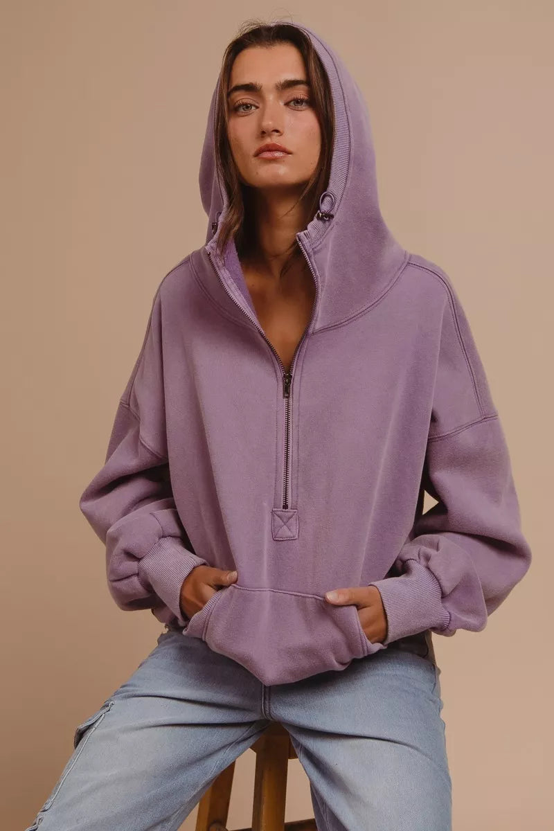 BiBi Stitch Detailed Elastic Hem Half Zip Fleece Hoodie 