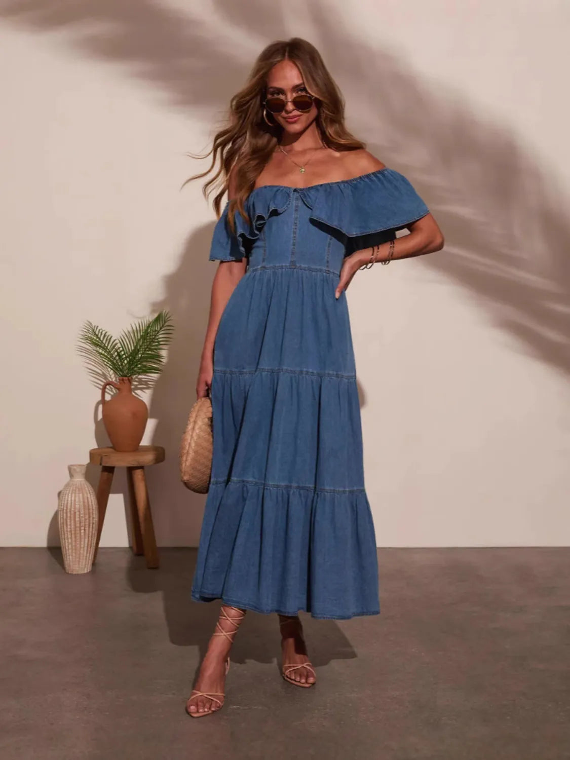 Off Shoulder Ruffle Tiered Denim Dress 