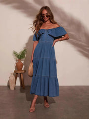 Off Shoulder Ruffle Tiered Denim Dress 