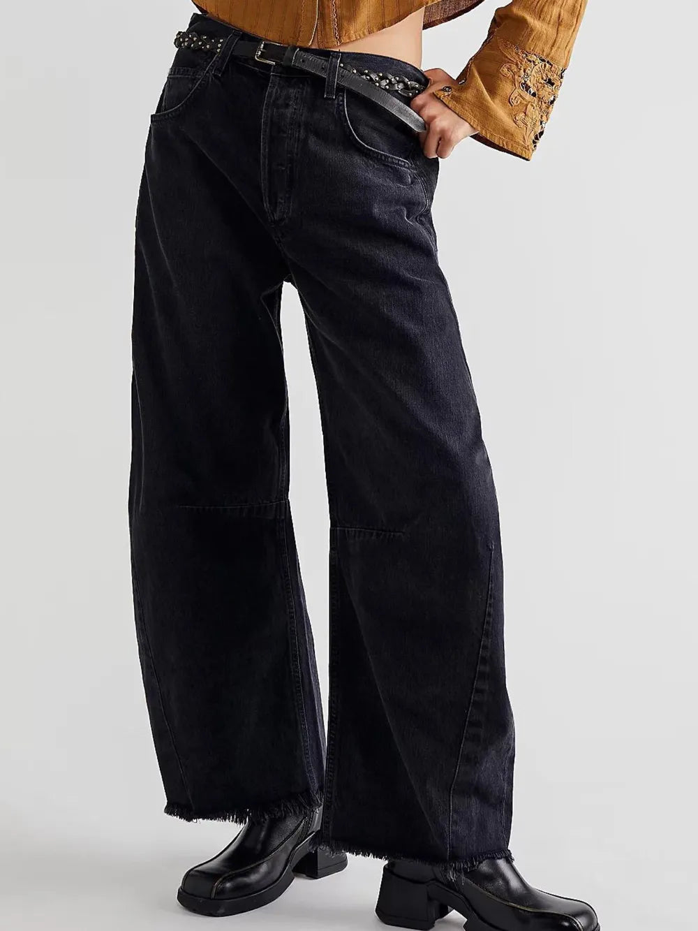 Raw Hem Wide Leg Jeans with Pockets 