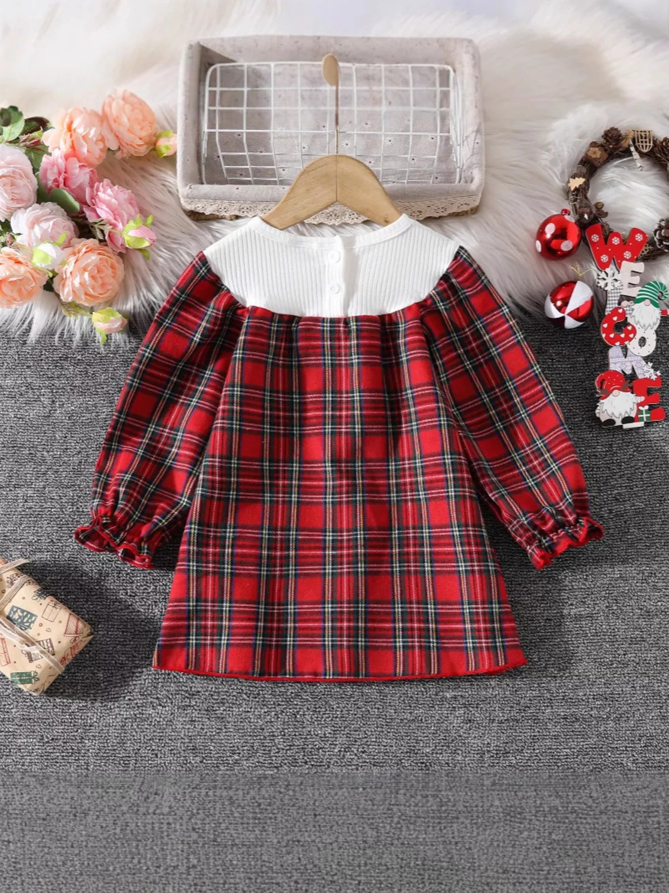 Children's Christmas Plaid Long Sleeve Dress 