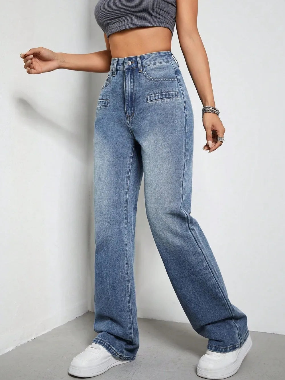 High Rise Wide Leg Jeans with Pockets 