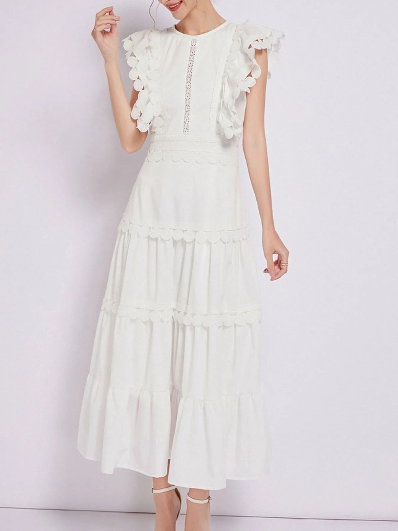Sleeveless Ruffled Tiered Dress with Embroidered Trim 