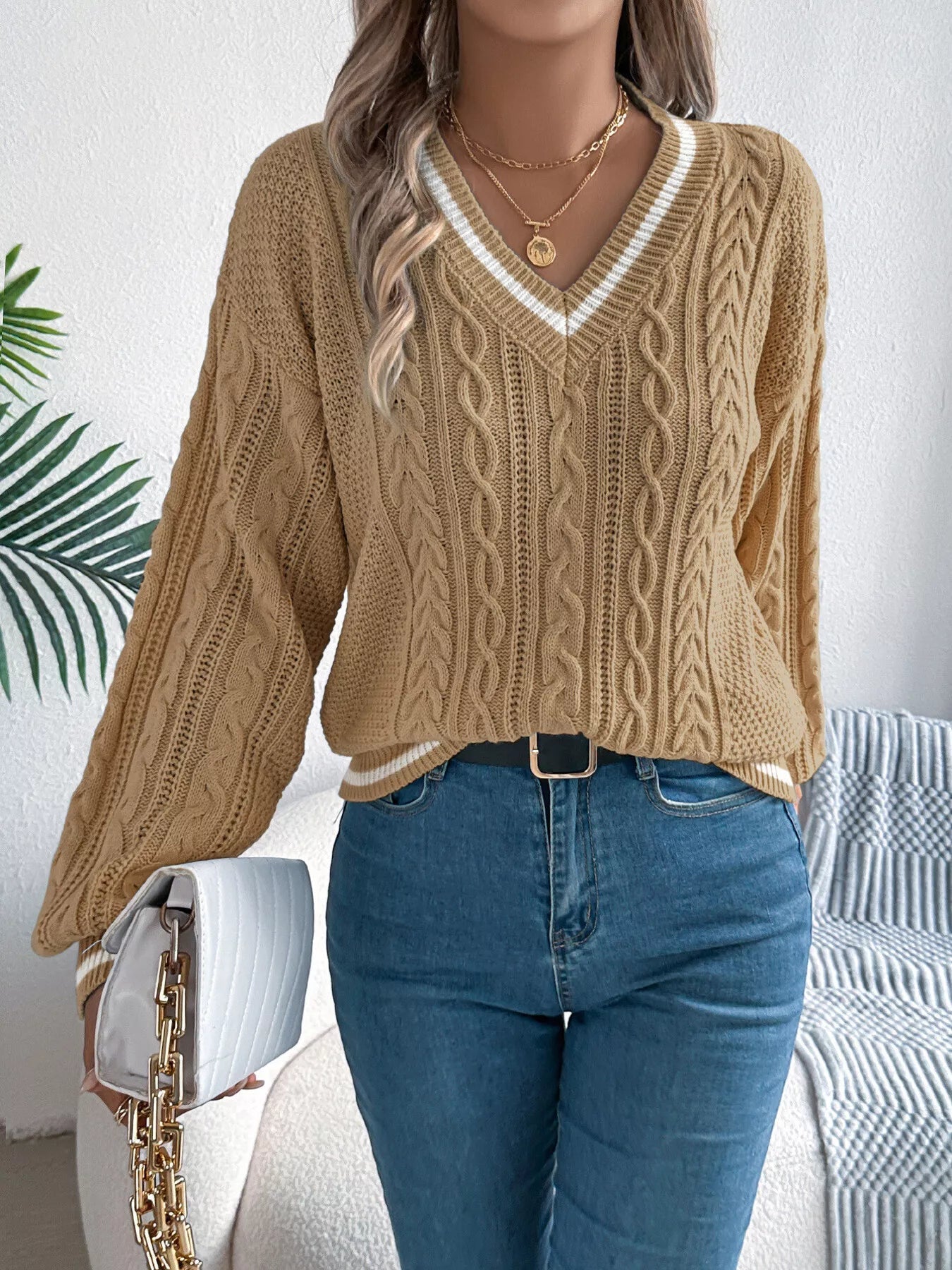 Cable Knit V-Neck Long Sleeve Sweater 