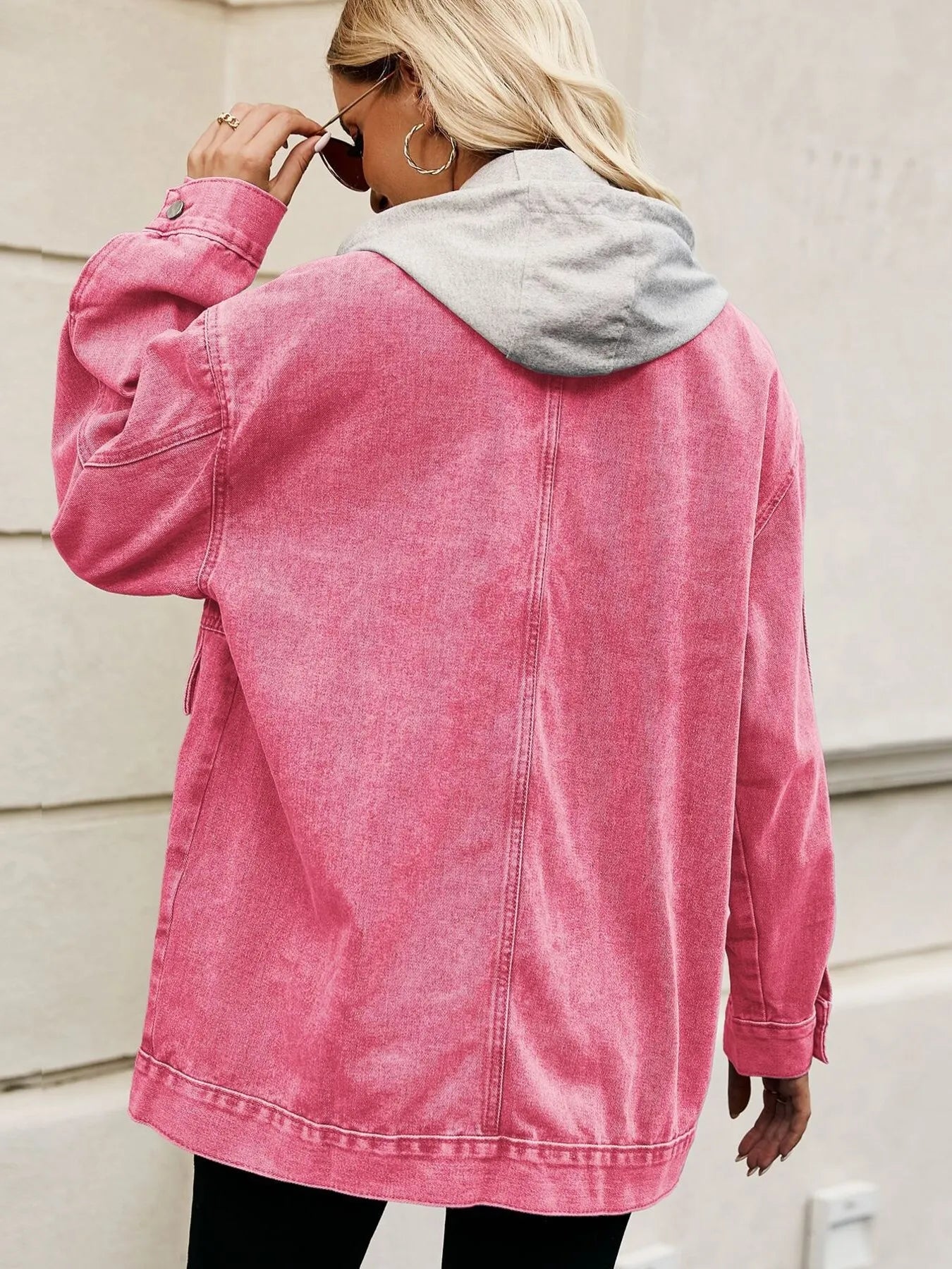 Oversized Button Up Denim Jacket with Hood 