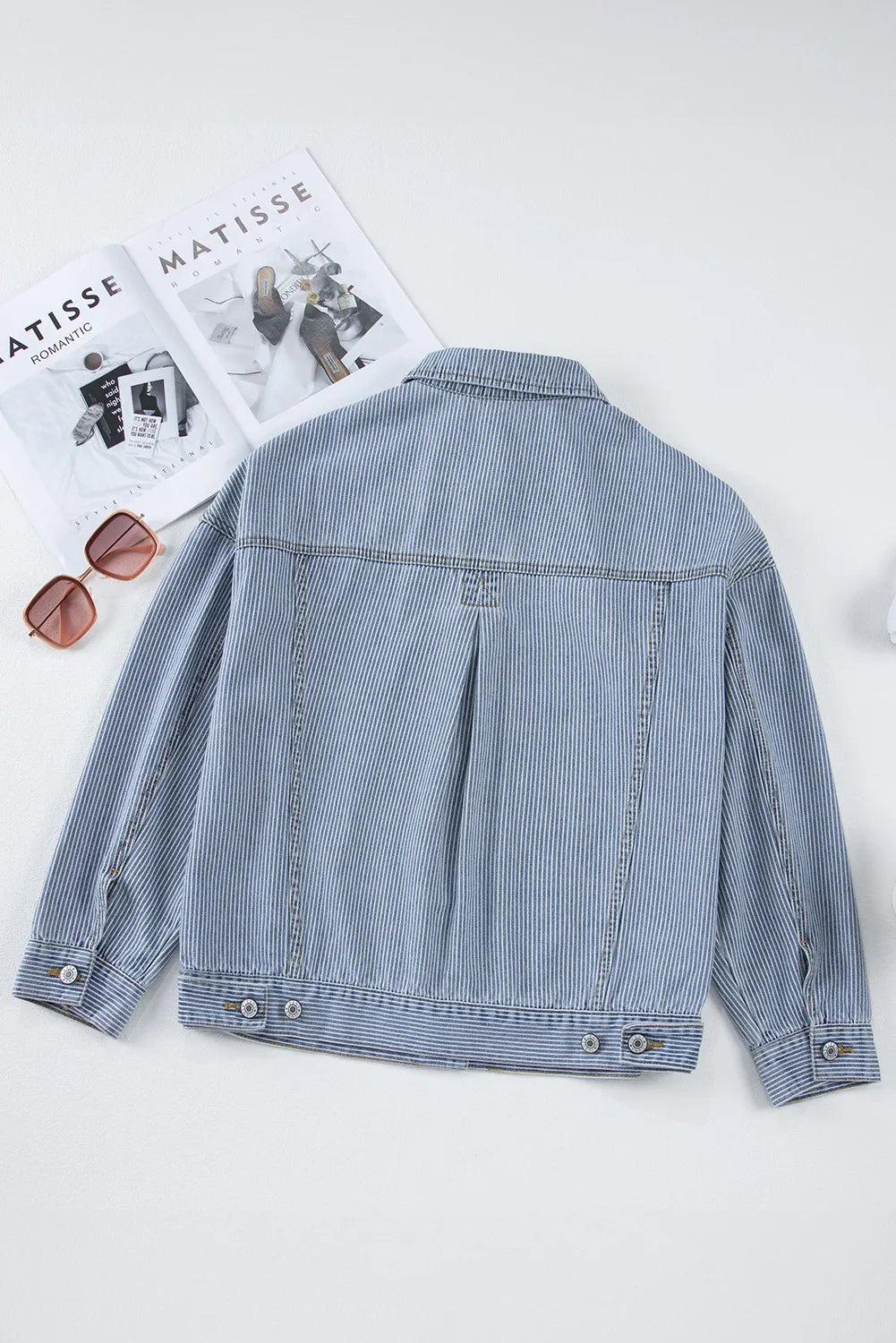 Striped Button Up Long Sleeve Denim Jacket 