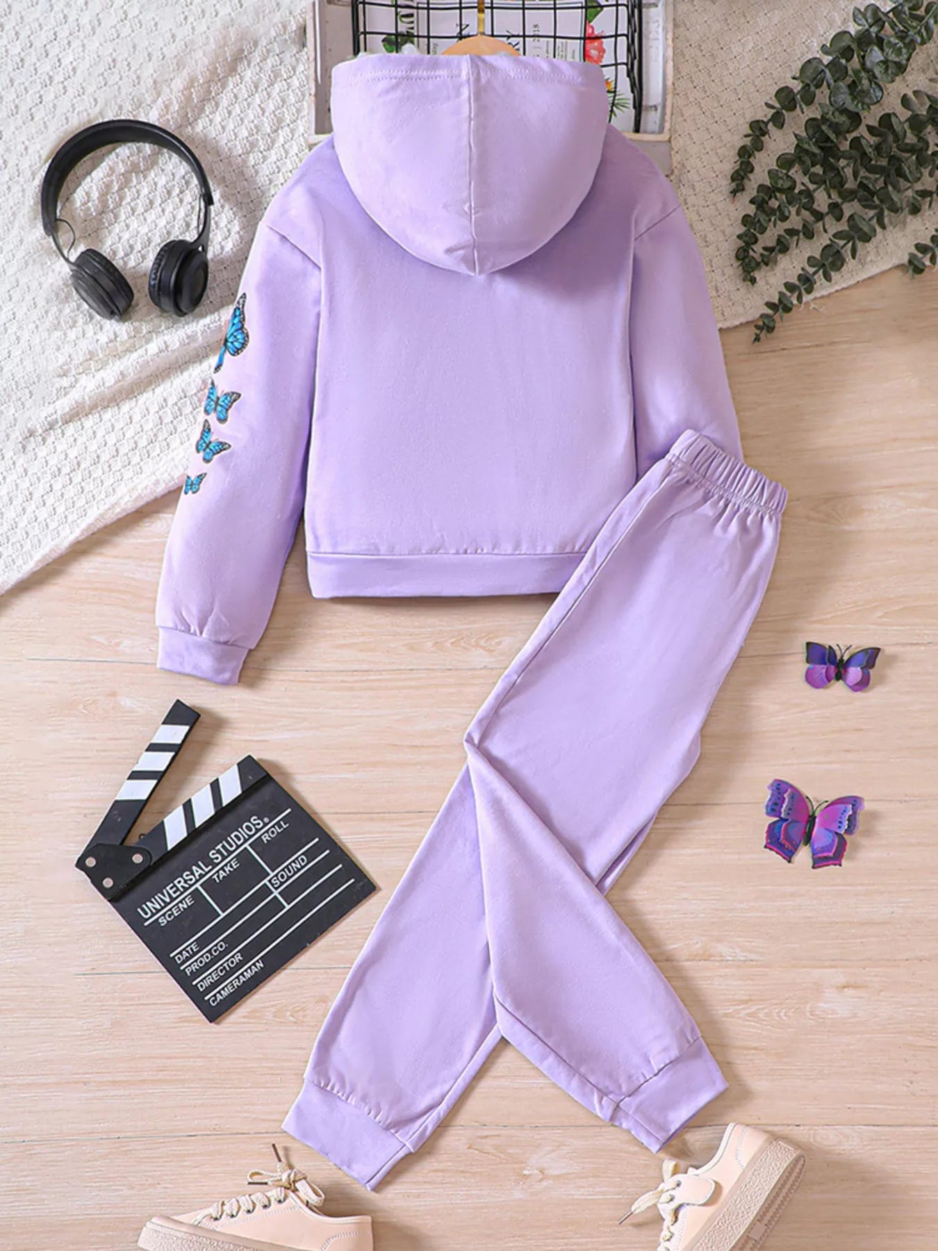 Childrens's Butterfly Print Hoodie & Pants Set 