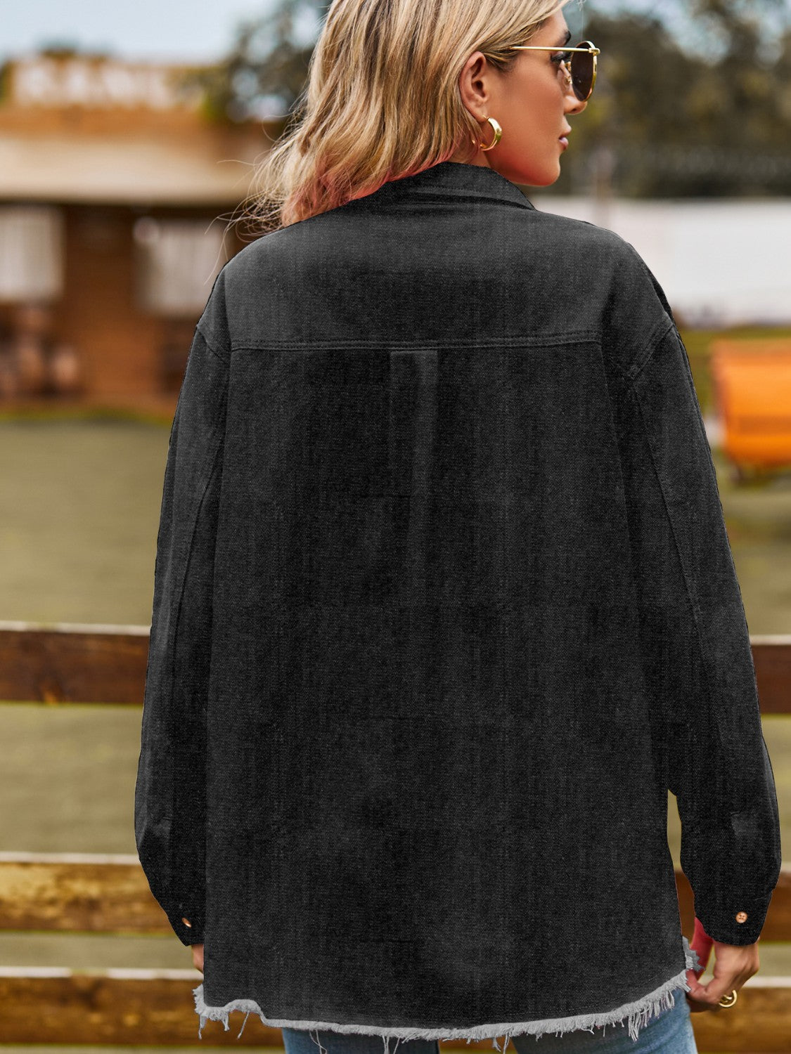 Button Up Collared Neck Raw Hem Denim Top 