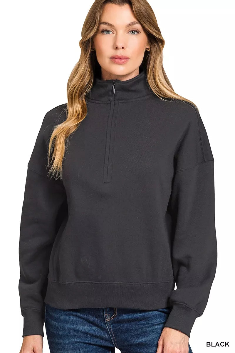 Zenana Fleece High Neck Half Zip Sweatshirt 