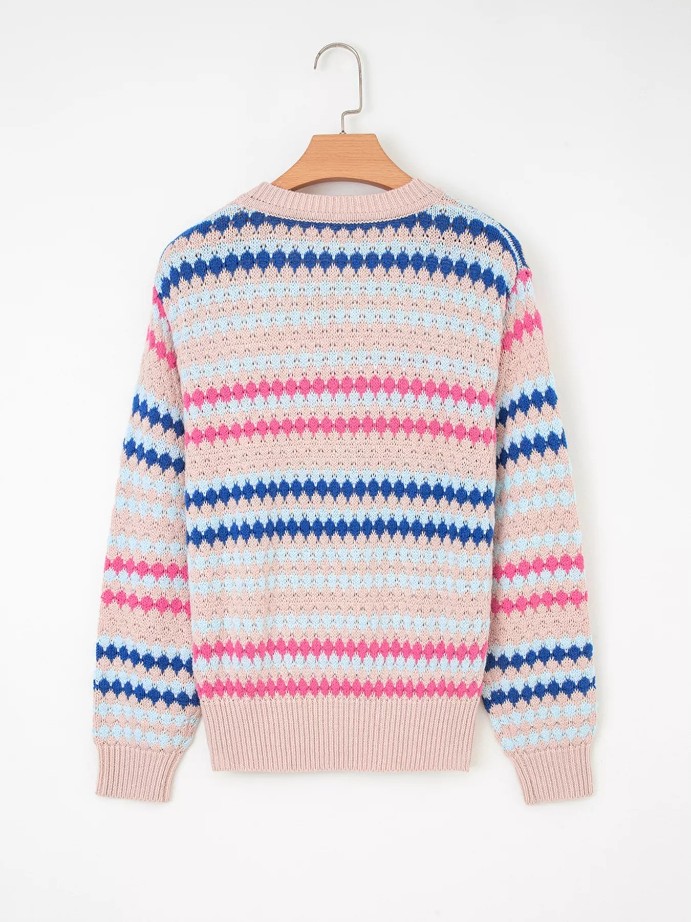 Stripe Eyelet Patterned Drop Shoulder Sweater 