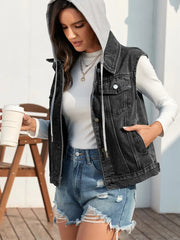 Pocketed Button Up Hooded Denim Jacket 
