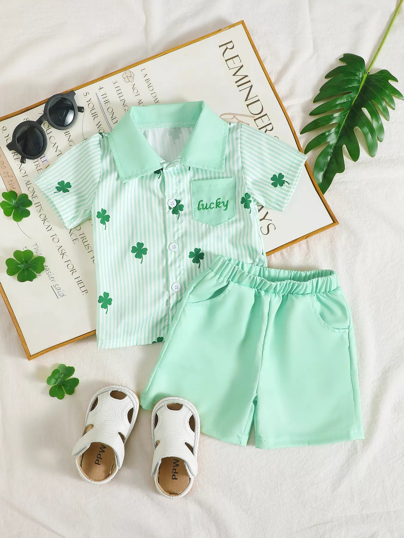 Children's Lucky Clover Print Striped Shirt & Shorts Set 