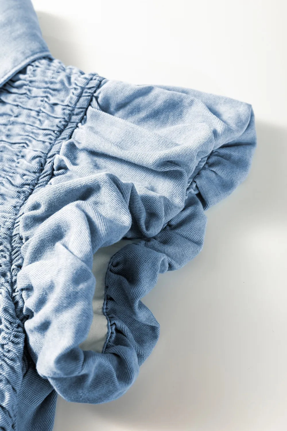 Smocked Collared Neck Cap Sleeve Denim Dress 