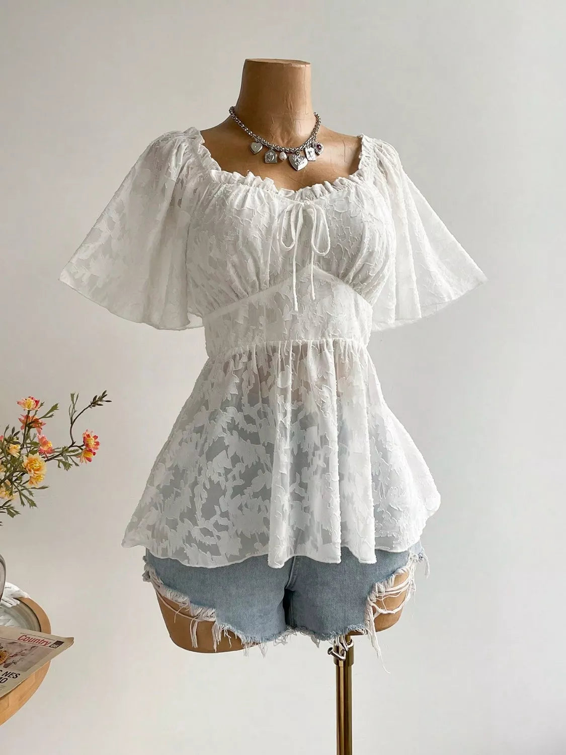 Plus Size Floral Flutter Sleeve Blouse with Smocked Back 