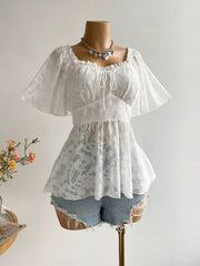 Plus Size Floral Flutter Sleeve Blouse with Smocked Back 
