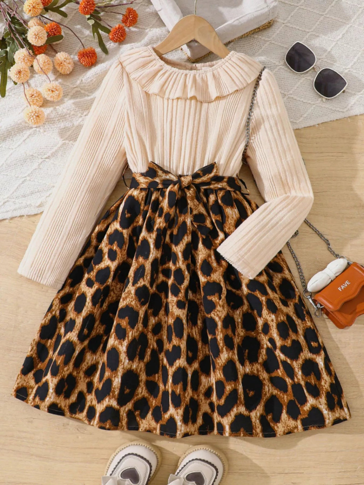 Children's Leopard Print Ruffle Collar Long Sleeve Dress 