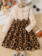 Children's Leopard Print Ruffle Collar Long Sleeve Dress 