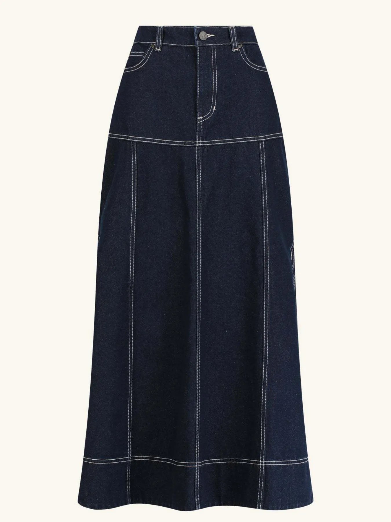 High-Waist Side Slit Contrast Stitch Denim Maxi Skirt 