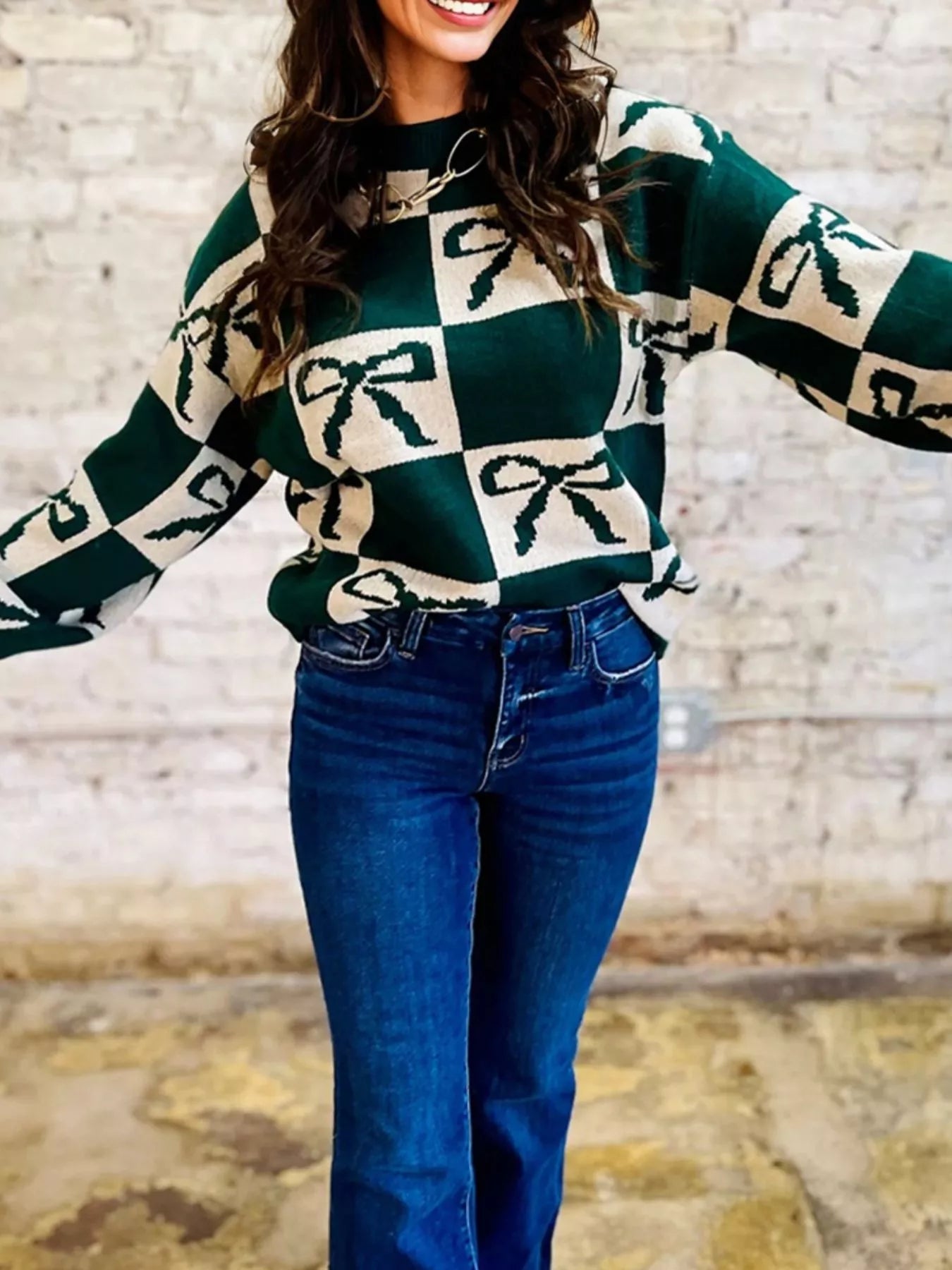 Checkered Bow Round Neck Casual Sweater 