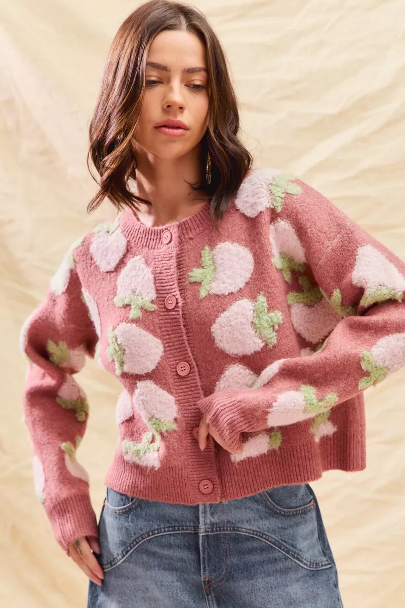 SO ME Strawberry Fruit All Over Button Sweater Cardigan 