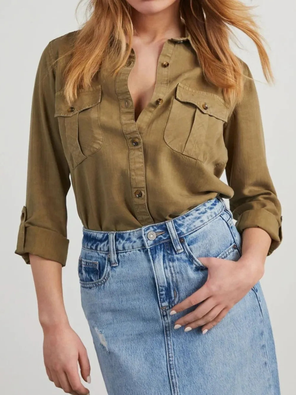 Collared Neck Roll-Tab Sleeve Denim Top 