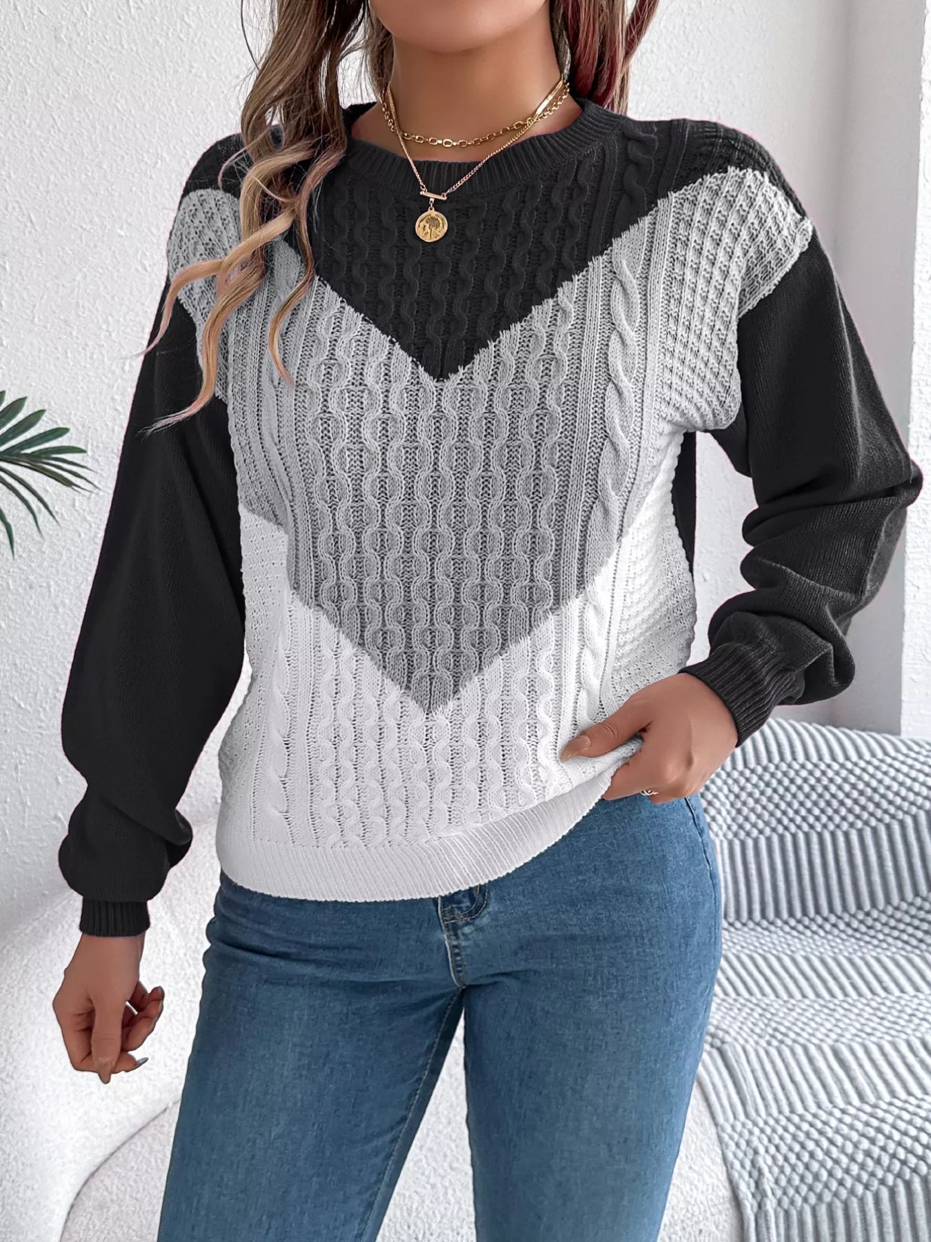 Color Block Cable Knit Sweater 