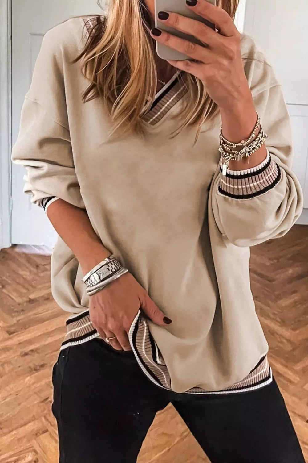 Casual V-Neck Striped Trim Pullover 