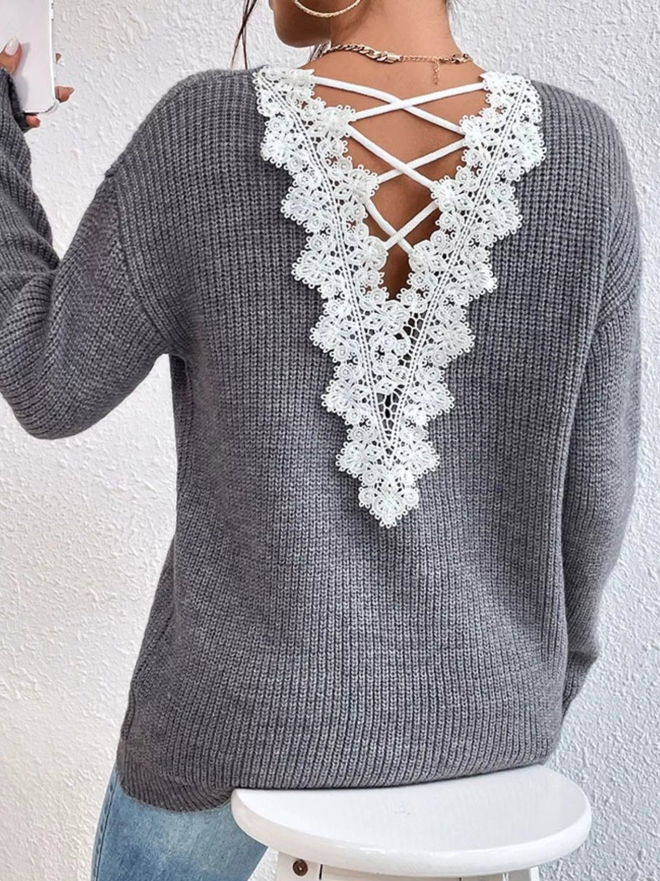 Lace-Trimmed Back V-Neck Sweater 