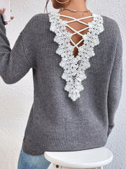 Lace-Trimmed Back V-Neck Sweater 