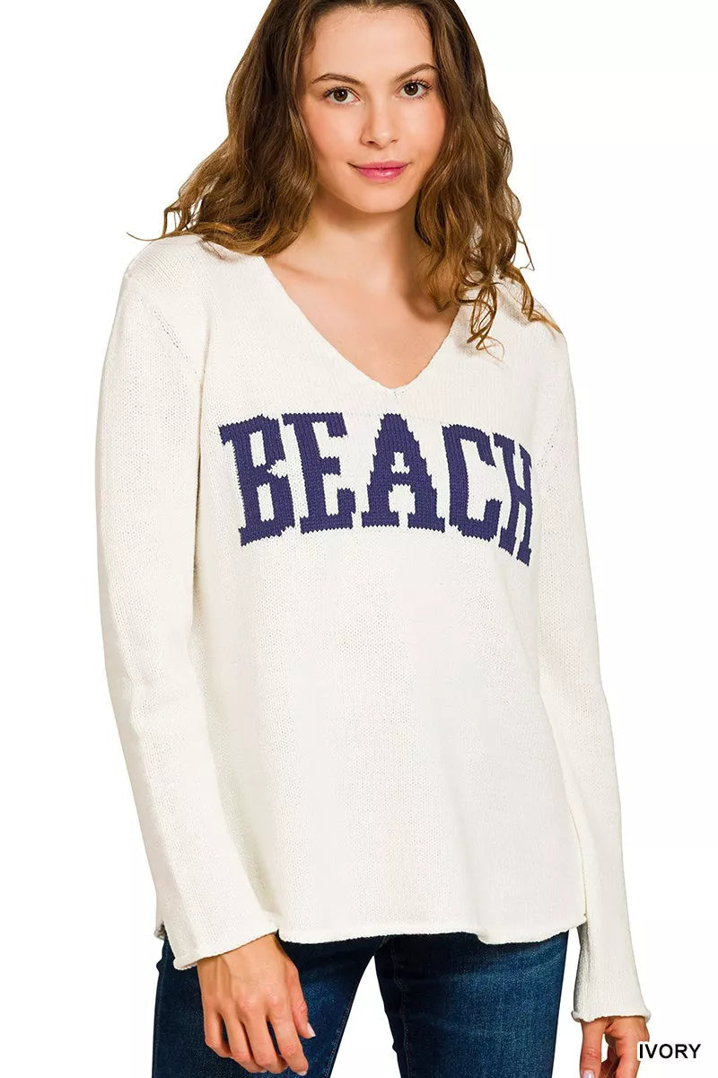 Zenana Beach V Neck Sweater 