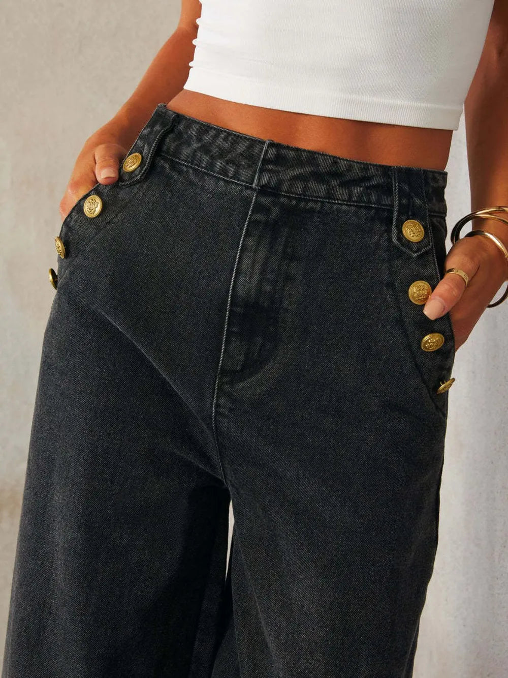 Button Decor High Rise Wide Leg Jeans 