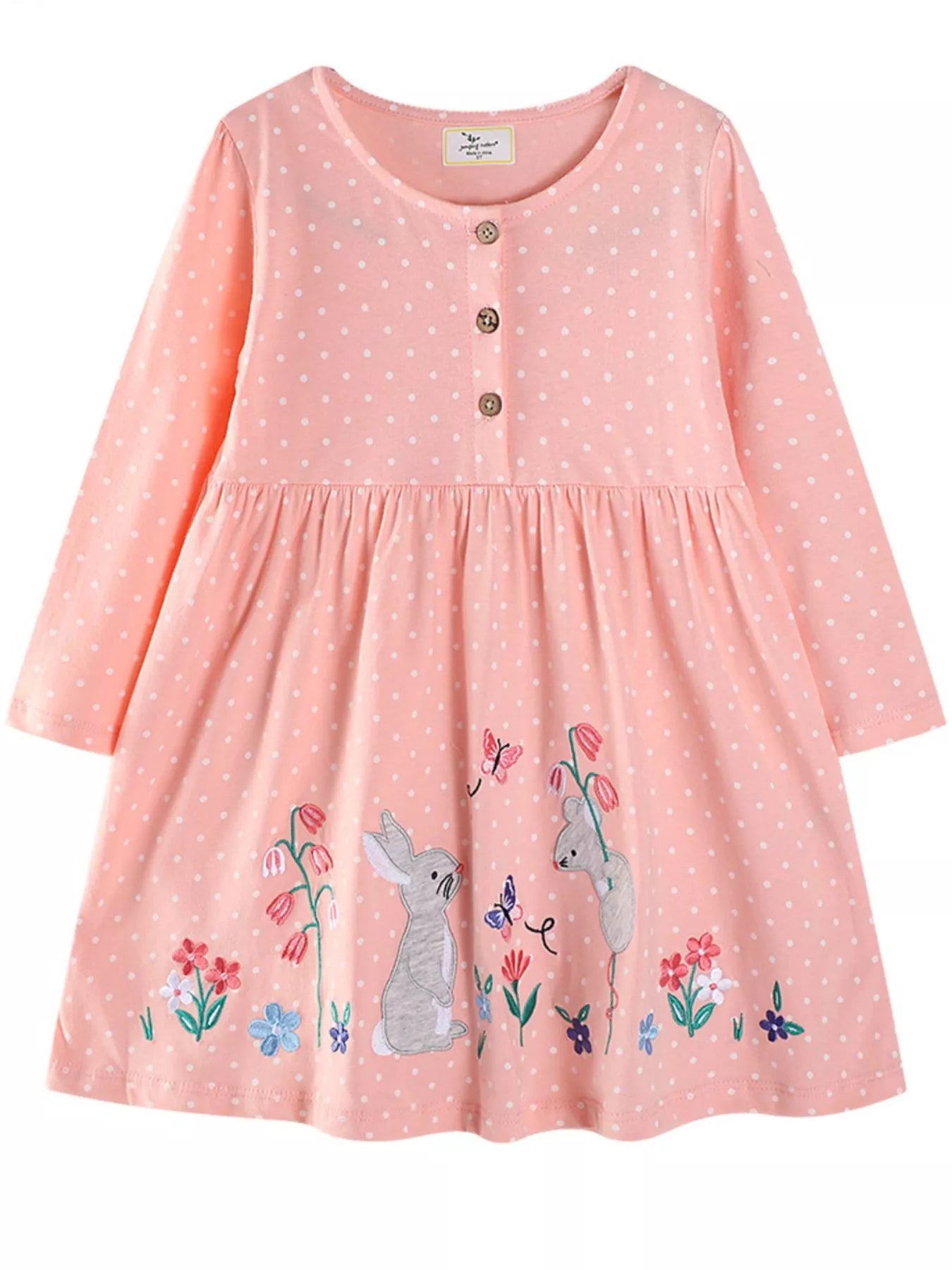 Children's Cute Animal Embroidered Polka Dot Long Sleeve Dress 