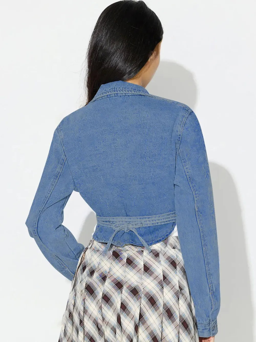 Asymmetric Slit Collared Neck Long Denim Top 