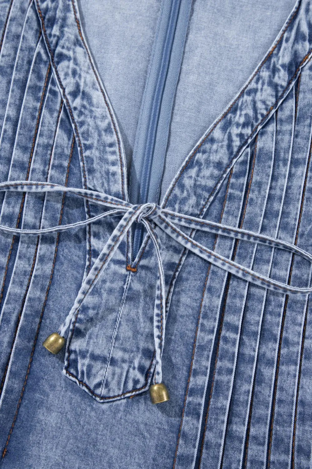 Tie V Neck Tucking Detail Short Sleeve Denim Dress 