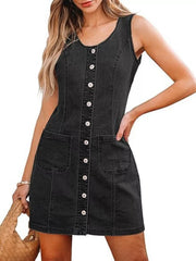 Button-Front Sleeveless Denim Dress 
