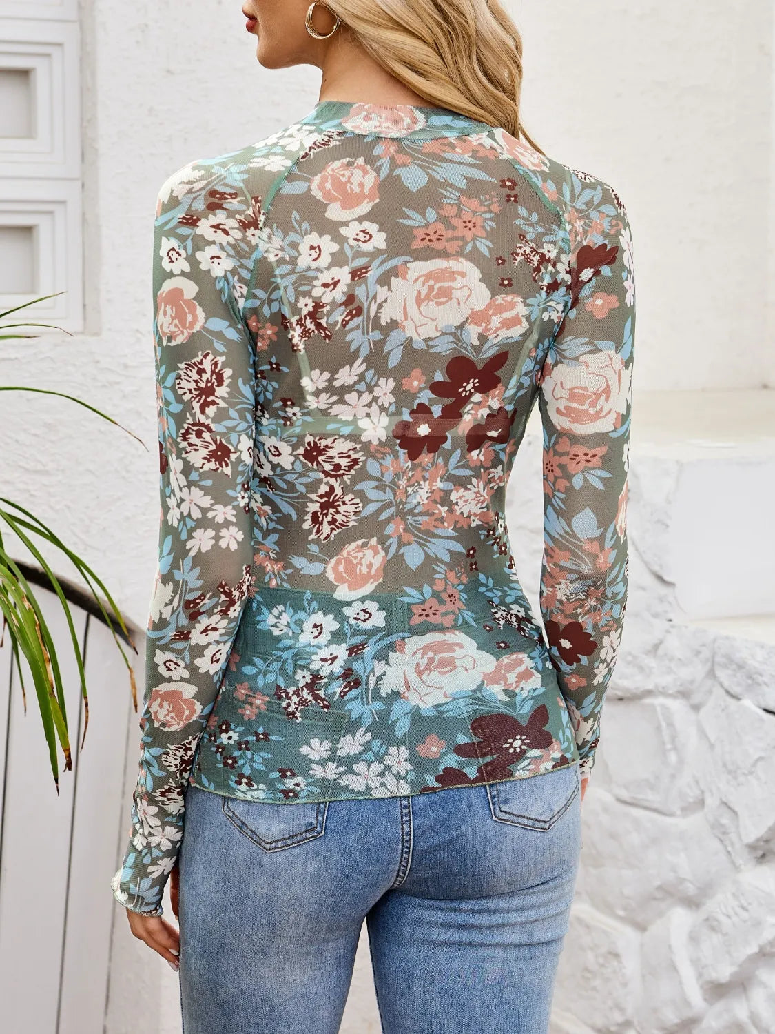 Floral Mock Neck Long Sleeve Top 